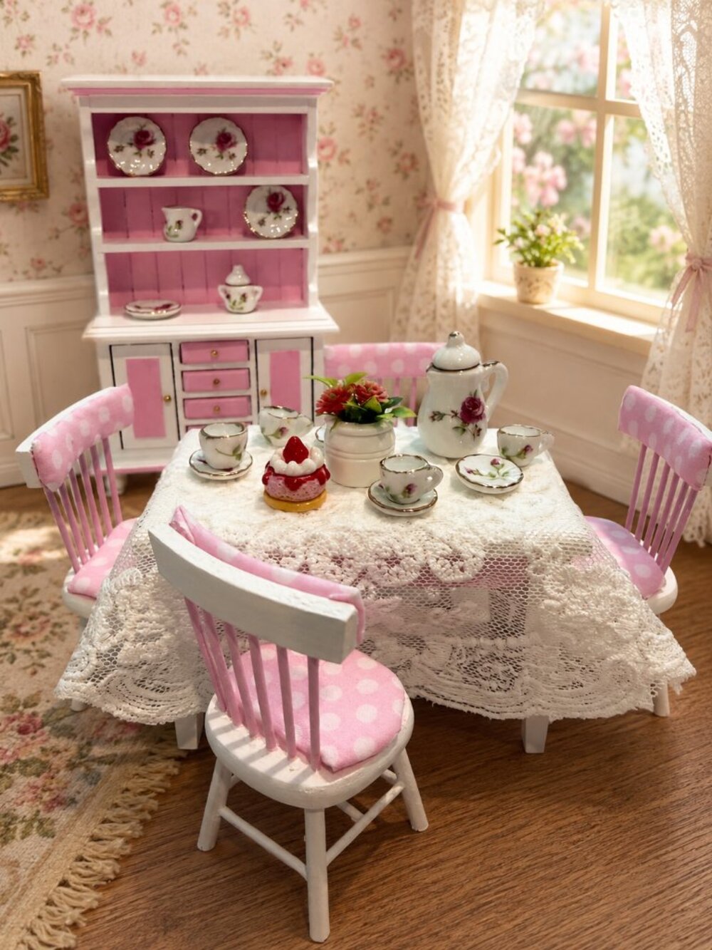 1:12 Dollhouse Miniature Dining Table 4 Chairs Lace Cloth Pink White Wood Set